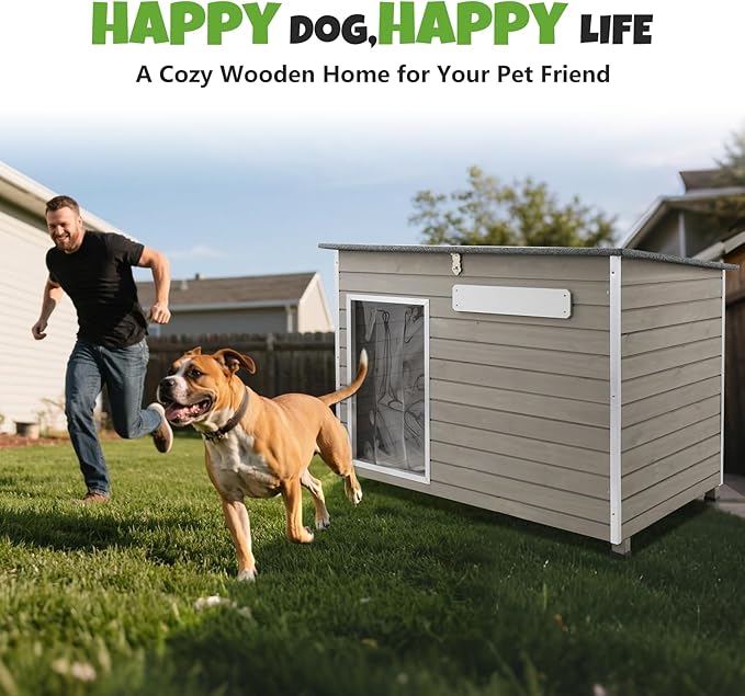 Medium Wooden Dog House Outdoor, Weatherproof Dog Houses with Adjustable Vent Windows, Alloy Chew-Resistant Frame, Removable Floor for Medium & Small Dogs (34" L x 22" W x 25" H)