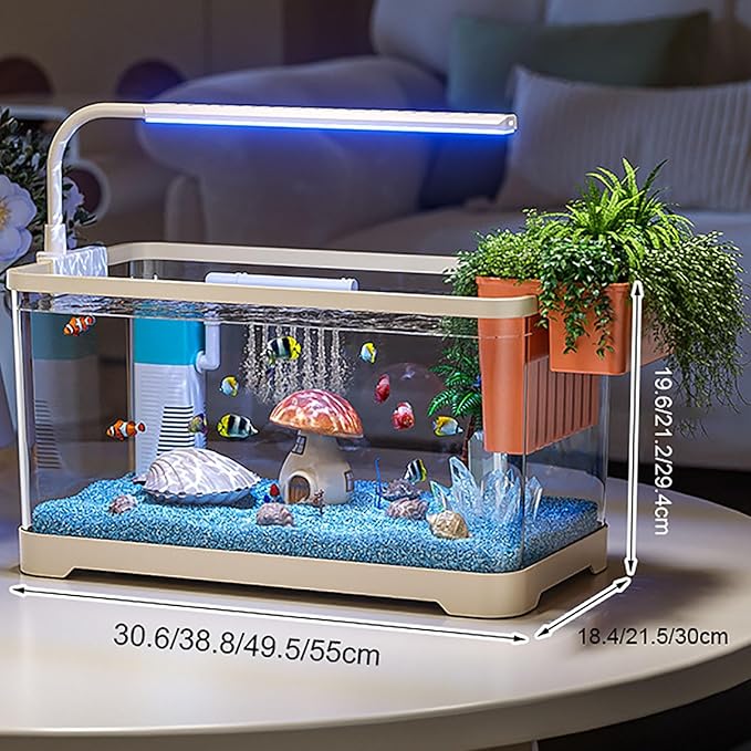 Fish Tank Aquarium Kit,Turtle Tank Kit with 3-in-1 Silent Water Pump Filter System, Self Cleaning Aquarium Starter Kit with LED Light Suitable for Small Fish Or Shrimp,Bottom Drainage(X-Large)