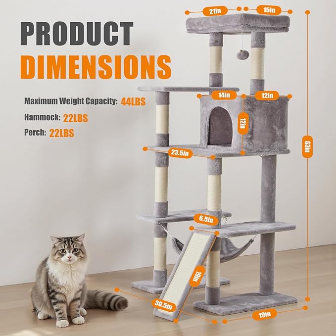 Sweetcrispy 63 inch Cat Tree Tower, Large Multi Level Cat Climbing Tower with Condo, Natural Sisal Scratching Posts, Extended Platform, Hammock, Pet House for Indoor Cats and Kittens Play, Grey