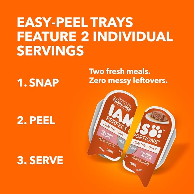 IAMS Perfect Portions Healthy Adult Grain Free Wet Cat Food Pate,Salmon Recipe,2.6 oz. Easy Peel Twin-Pack Trays (,48 Servings),24 Count (Pack of 2)