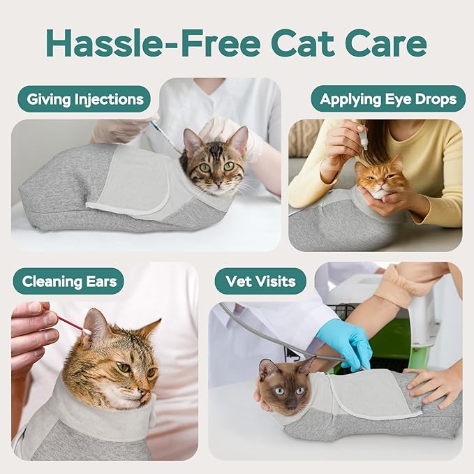 Self-Adhesive Cat Grooming Wrap, Cozy Cat Wrap for Cutting Nails, Breathable Anti-Scratch Cats Swaddle Bag for Brushing, Ear Cleaning, Dental Care, Medication, Injections, Grey M