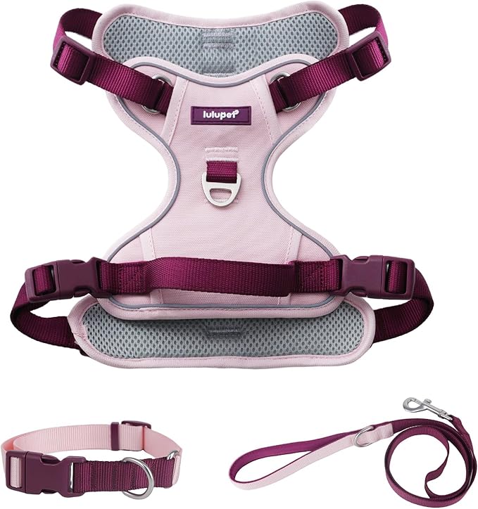 No Pull Dog Harness Leash and Collar Set, Soft Adjustable Dogs Vest Reflective and Comfortable Handle Pink Large