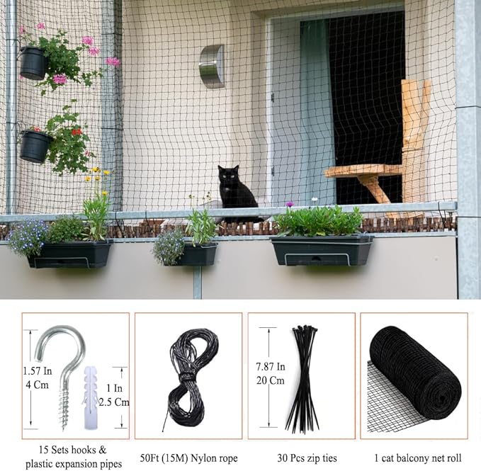 10x13 ft Cat Netting Balcony, No Steel Wire, Anti-Fall Safety Net for Cats – Pet Balcony Screen, Catio Netting, Cat Fence Barrier for Apartment Balconies, Windows, Stair, Decks, Patios