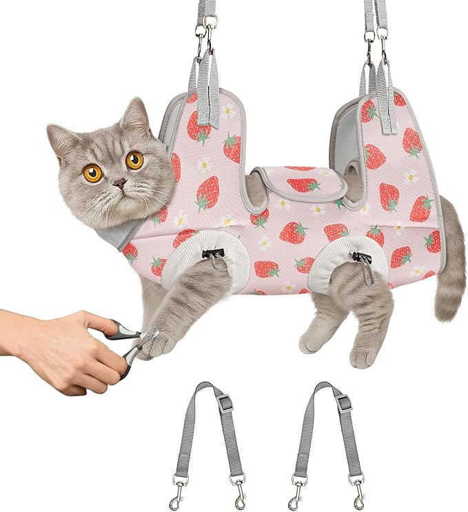 Supet Cat Grooming Hammock Harness for Nail Trimming, Cat Grooming Hanging Sling for Nail Clipping, Pet Restraint Holder for Cutting Nails, Medicine, Ear & Teeth Cleaning, Eye Care (Strawberry M)