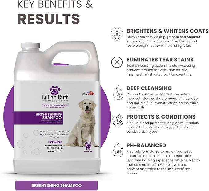 Lillian Ruff PRO Formula Ultra Brightening Dog Shampoo - Professional Whitening & Long-Lasting Odor Eliminator, Remove Stains & Discoloration, Dry Skin & Itch Relief with Aloe & Provitamin B5 (Gallon)