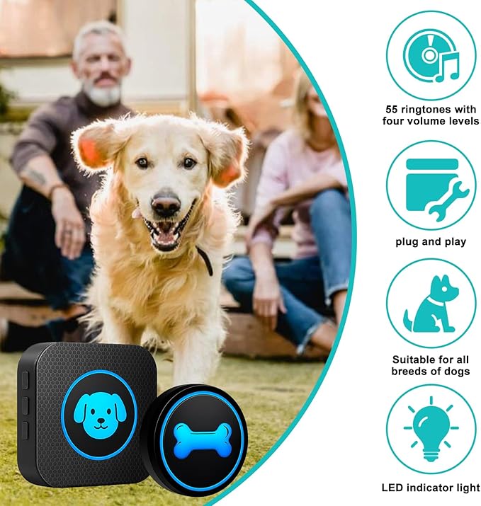 Dog Doorbell to Go Outside, Smart Wireless Doggie Doorbell for Potty Training,1000 Feet Long Range with IP65 Waterproof Super-Light Touch Button, 60 Melodies & Adjustable Volume (2 Button)