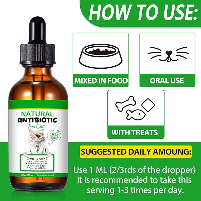 Natural Antibiotic Liquid Drops for Cats - Supports Immune System, Allergy & UTI Relief with Fast Absorption & Digestive Aid - Chicken Flavor for All Ages & Breeds, 2 fl oz (60ml)