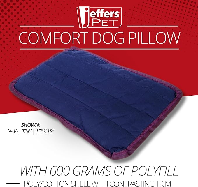 Jeffers Pet Comfort Dog Pillow, Tiny 12" x 18", Navy – Machine Washable Dog Bed for House, Sofa, Crate & Travel – Poly Cotton Shell, Winter Warmth, Soft, Comfy, Durable, Top Pet Bedding