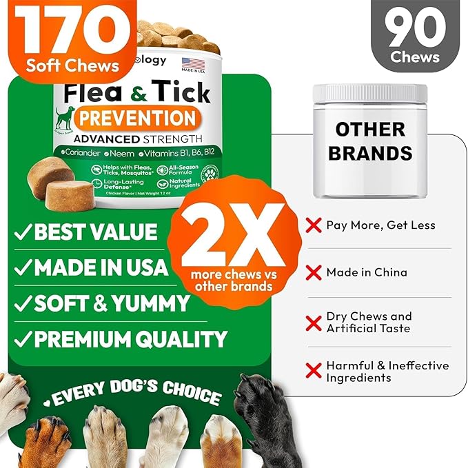 Natural Flea & Tick Chews for Dogs – Vet Formulated Supplement for All Breeds & Ages – Support for Skin & Coat – Made in USA
