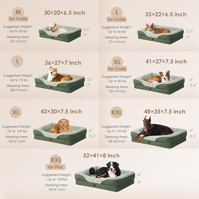 EHEYCIGA Orthopedic Dog Bed for Medium Dog, 35x22x6.5 Inch Memory Foam Dog Couch Bed with Sides, Waterproof Liner & Washable Removable Cover, Bolster Pet Sofa, Green