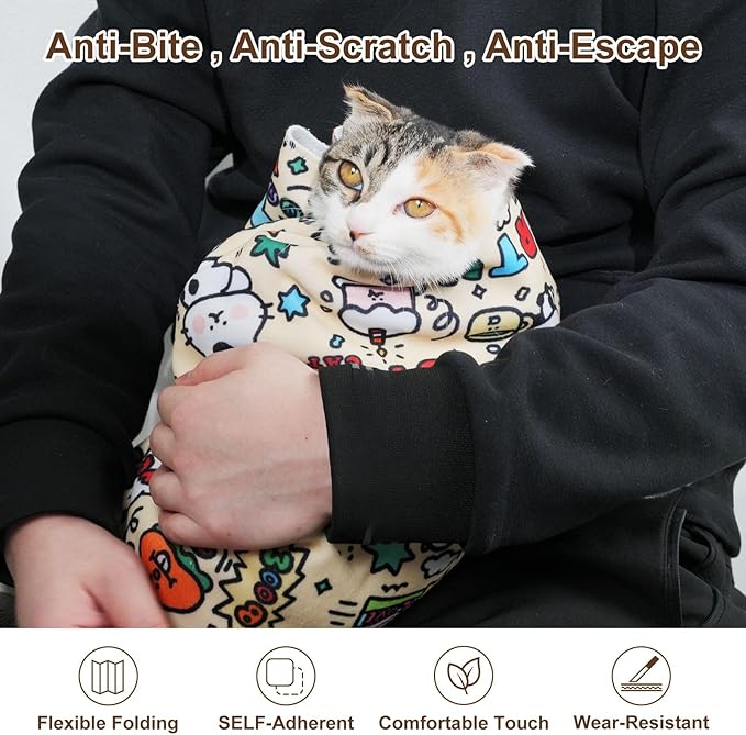 35.5" Extra Large Cat Grooming Wrap – Anti-Escape Cat Wrap for Cutting Nails, Brushing & Medication – Soft, Comfortable, Reusable, Self-Adhering, Holds Cats Up to 22lbs (Elephant Cat)