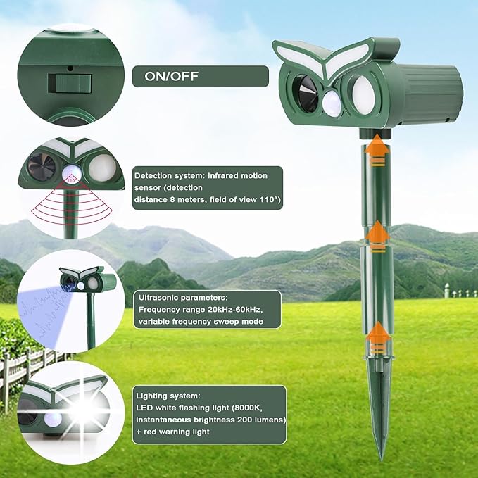 2Pack Solar Ultrasonic Animal Repellent Outdoor Deer Repellent Devices with Motion Detection&Flash Light Squirrel Rabbit Dog Cat Deterrent,Keep Rodent Chipmunk Raccoon Away for Yard
