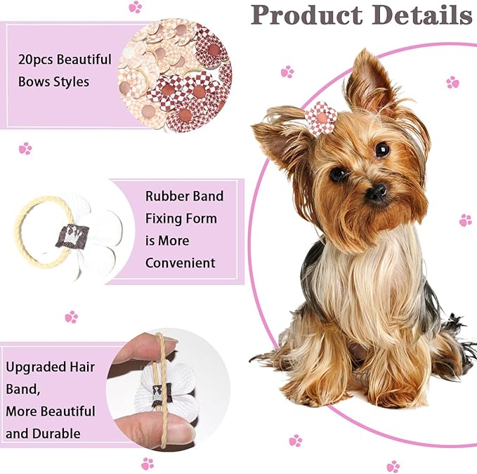 20 Pcs Handmade Cute Puppy Hair Bows, Flower Bowknot with Rubber Bands for Small Dog Hair Ties Accessories Brown