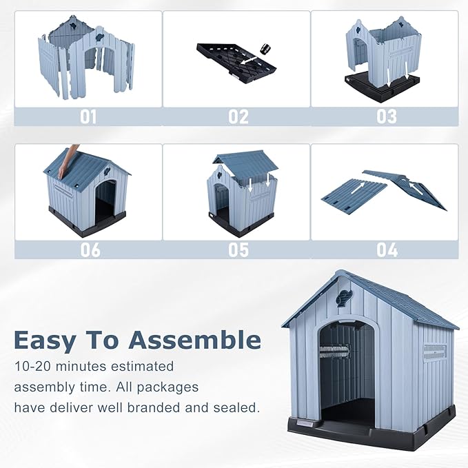 LEMBERI Large Plastic Dog House for Medium Large Dogs, Durable Waterproof Indoor Outdoor Doghouse with Air Vents and Elevated Floor, Easy to Assemble (Light Blue, 40.7" L x 37.2" W x 40" H)