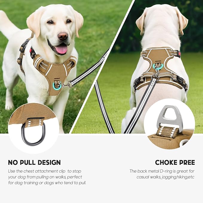 Timos Dog Harness Large Sized, No Pull Pet Harness with Neck Lockable Snap,No Choke Front Clip Dog Reflective Vest,Adjustable Metal Rings 3 Buckles,Easy Control Handle for Large Dogs Khaki L