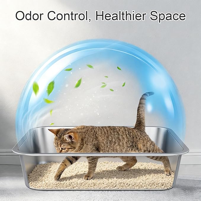 X-Large Stainless Steel Litter Box with High Sided, Metal Cat Litter Box, Odor-Free Non-Stick Litterbox Pan, Easy to Clean Pet Supplies Toilet Tray for Indoor Cats, Kittens or Multicat Homes
