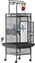 60 Inch Wrought Iron Large Bird Cage with Rolling Stand, Metal Parrot Cage with Play Top & 4 Stainless Steel Bowls for African Grey Cockatiel Sun Parakeet Green Cheek Conure Lovebird Budgie, Black