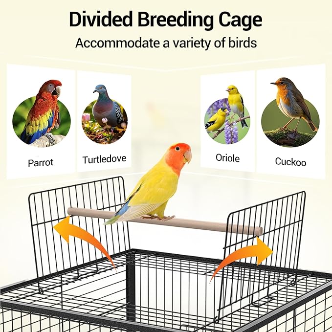 Bird Cage with Wheels, 63 Inch Bird Flight Cage, Wrought Iron Standing Large Parrot Parakeet Flight Birds Cages with Slide Out Tray Parrot Metal Parakeet Cages with Wooden Perches Black