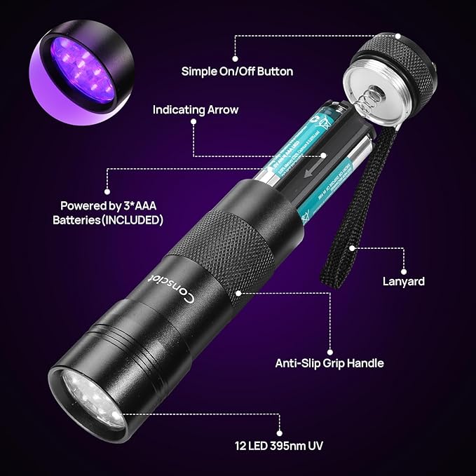 2 Pack UV Flashlight Black Light, Consciot 12 LED 395nm Ultraviolet Blacklight, Portable Mini Torch Light Pet Urine Detector for Dog/Cat Urine, Dry Stains, Bed Bug, Matching with Pet Odor Eliminator