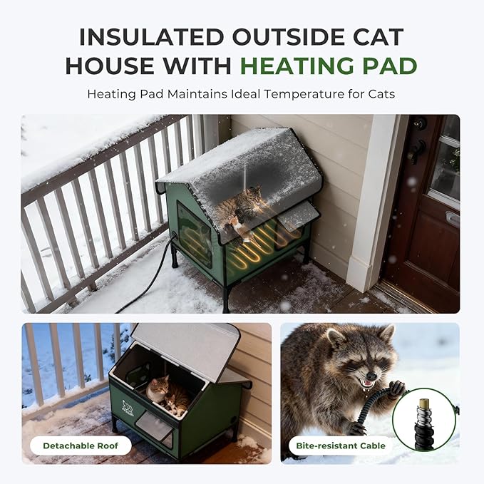 Apasiri Heated Cat House Weatherproof - Insulated Outdoor Cat Shelter with Thermostatic Heating Pad, Water Resistant 900D Oxford Feral Cat House with Anti-Peep Curtains Escape Door for Winter, Medium