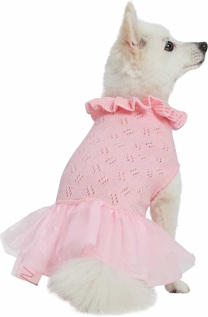 Blueberry Pet My Cutie Princess Ruffle Collar Dog Sweater Dress with Layered Tulle, Pink, Back Length 10", Fall Winter Clothes for Girl Dogs