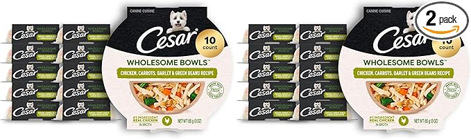 Cesar Wholesome Bowls Adult Wet Dog Food,Chicken,Carrots,Barley & Green Beans Recipe,Wet Food for Dogs,3 Oz. Bowls,10 Count (Pack of 2)