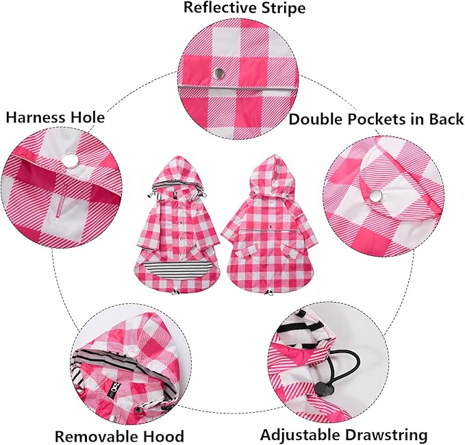 Dog rain Coat Waterproof Raincoat Puppy Jacket with Legs Buttons Zipper Hood Drawstring Fit for Yorkie Terrier Schnauzer Poodle Border Collie Labrador Golden Retriever 8lbs to 80lbs Pink XL