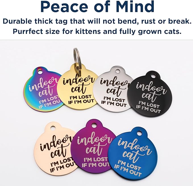 GoTags Personalized Small Indoor Cat Tag - Engraved with 4 Lines of Custom ID, Blue Stainless Steel Round Pet ID Tag