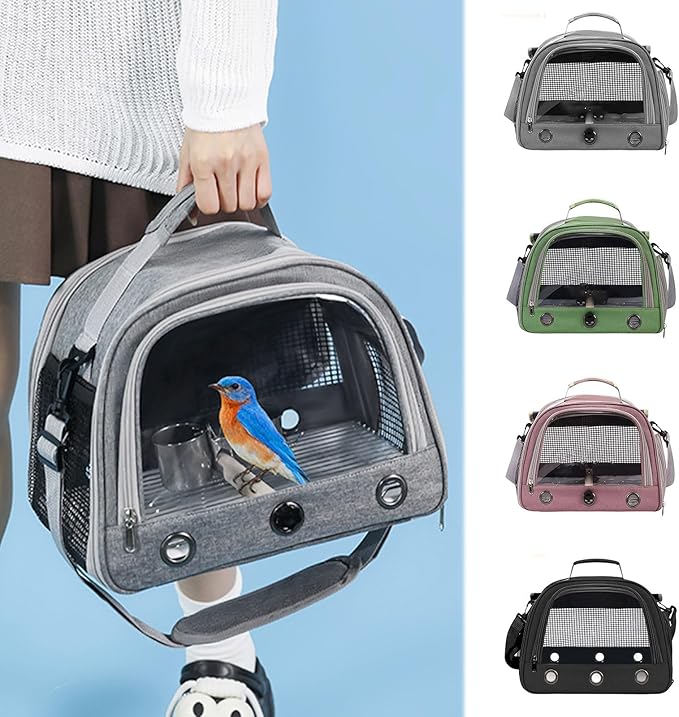 Bird Traval Carrier Cage, Bird Carrier with Seat Belt, Multifunctional Small Animal Backpack, Pet Transparent Breathable Carriers for Small Birds Parrots (Grey)