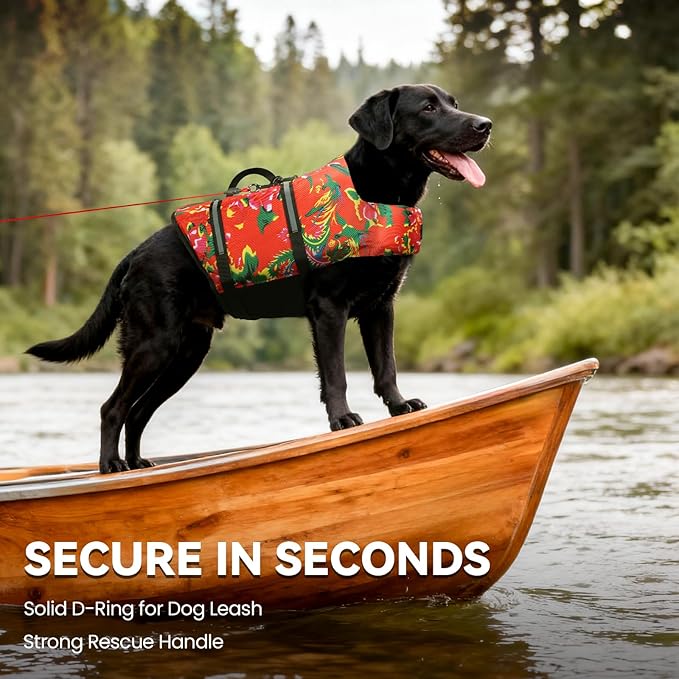 VIVAGLORY Rip Stop Dog Life Vest, Swimming Vest with Handle, Buoyancy for Doggy Puppy, Dog Life Jacket for Swimming & Boating, L, Northeast Florals-Red
