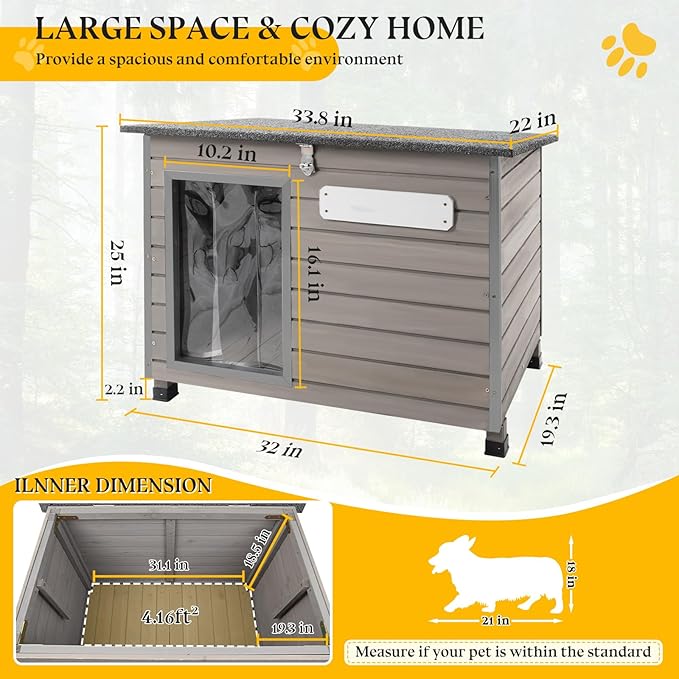 Dog House Outdoor,Chew-Proof Iron Frame Dog Kennel Weatherproof Natural Fir Wood Dog Houses with Removable Floors,Easy Assembly (34" L X 22" W X 25" H)