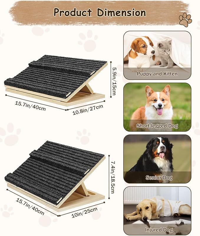 Foldable Wooden Dog Ramp for Stairs, Upgraded Non-Slip Dog ramps, 1 Pack for Dogs and Cats， Step and Stair for Injured and Elderly Pets（No Installation Required）
