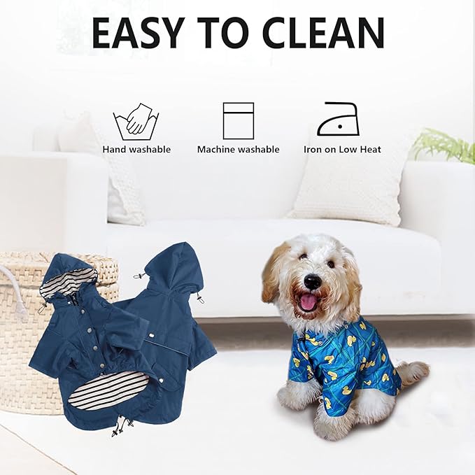 Morezi Dog Zip Up Raincoat with Reflective Buttons, Rain/Water Resistant, Adjustable Drawstring, Removable Hood, Raincoats with Legs 8lbs to 80lbs Available - Dark Blue - XS