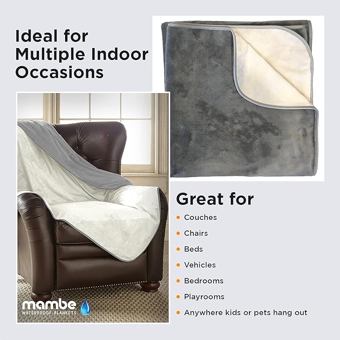 Mambe Silky Waterproof Throw for Protecting Furniture Bed Couch from Stains Caused by Dogs, Cats, Incontinence. Soft, Washable, Reversible. (Size Small 2-Pack 30x35 inches, Color Buff/Dove)