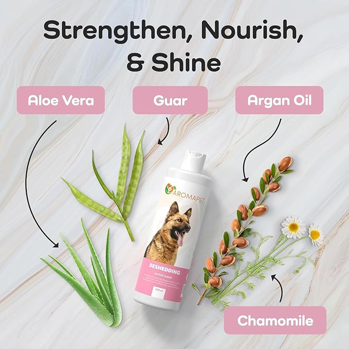 Deshedding Active Clean Dog Shampoo - Deodorizing Dogs Shampoo with Aloe, Argan Oil, Chamomile - Great for German Shepherds & Double Coats - Gentle, Hypoallergenic Dog Shampoo - 475mL