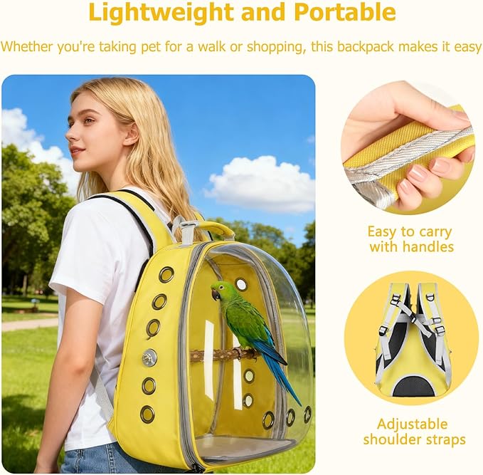 Transparent Parrot Backpack,12 Holes Ventilate Space Capsule Carrier,Stick Wooden Standing Perch,Portable Double Shoulder Outdoor Pet Backpack Carrier for Birds and Pets (Light Blue,Without Stick)