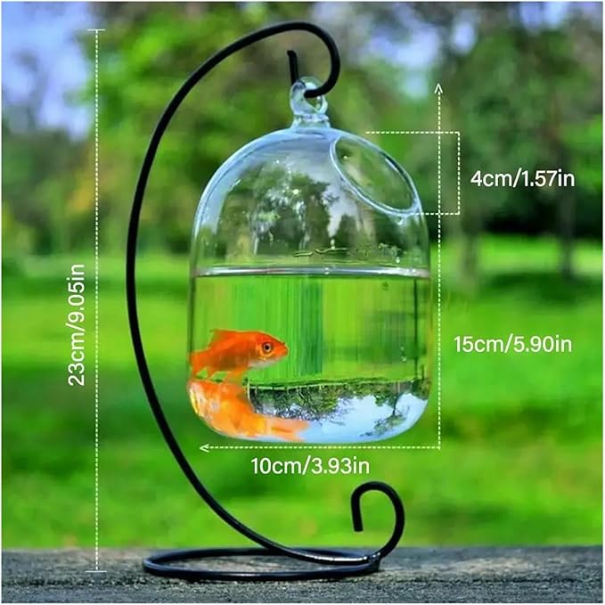 Transparent Hanging Glass Aquarium Fish Tank Bowl - Stylish Round/Rectangle Shape with Rack Holder for Home Decoration(White-01)