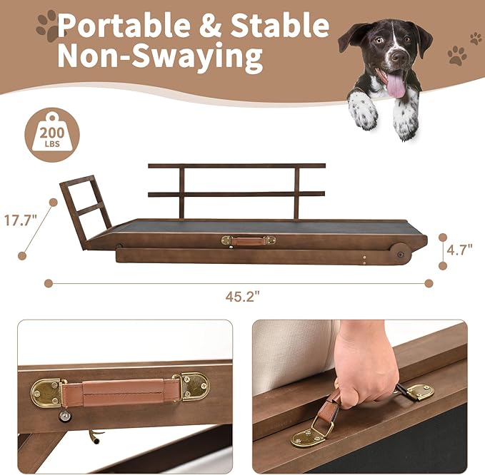 SLSY Dog Ramp for Bed, Folding Adjustable Pet Ramp with Non-Slip Rubber Mat, 45.2" Long, 5 Heights 15.7''–23.6", Portable Natural Wood Ramp for Small & Senior Dogs & Cats