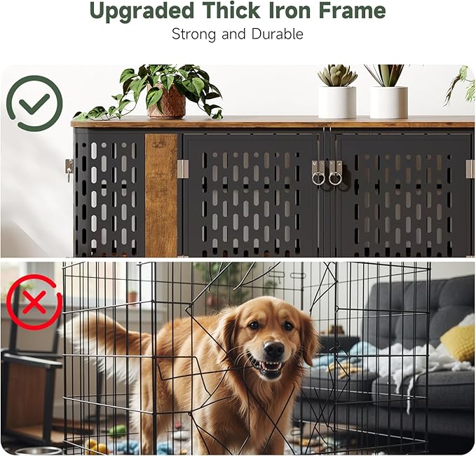 ONBRILL 63” Dog Crate Furniture for 1 or 2 Dogs,Large Double Dog Cage with Removable Divider,Heavy Duty Wooden Dog Crate As TV Stand with Steel Frame,Brown
