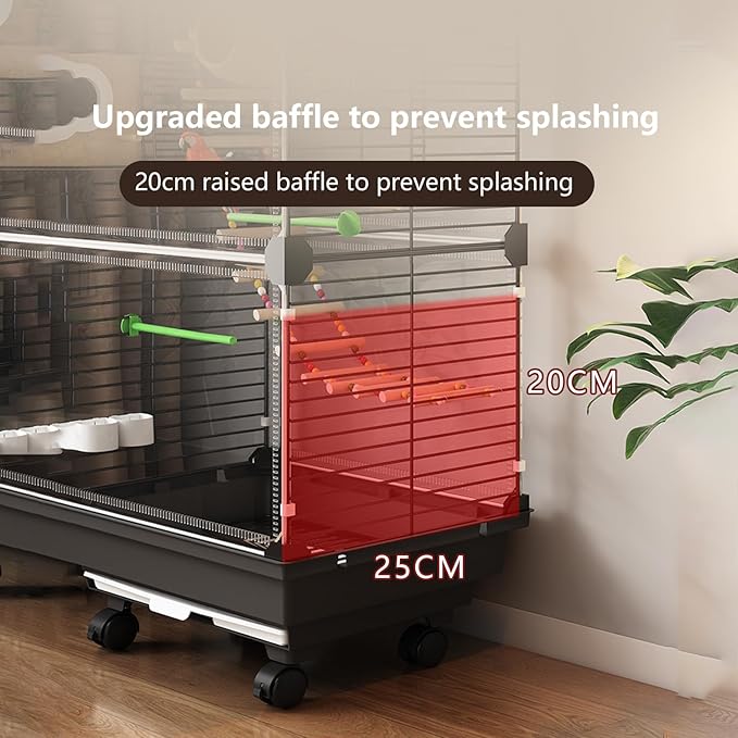 Bird Cage,Large Parrot Cage with Acrylic Doors, 3-Tier Movable Birdcage Parakeet Cage w/Wheels, 360° View Spacious Interactive Bird House (White, Automatic Food Container and Water Bottle)