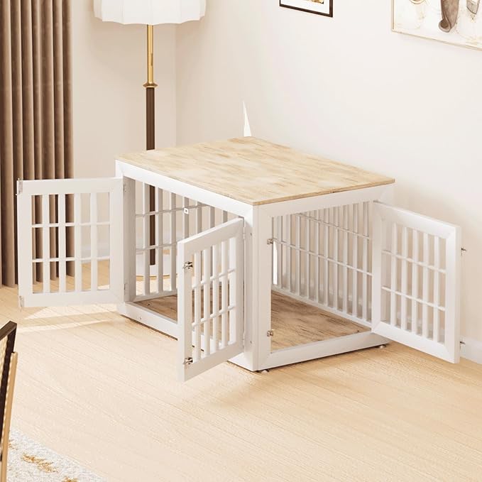 42" Heavy Duty Dog Crate Furniture for Small,Medium and Large Dogs,Rustic Wooden Dog Cage Kennel Indoor Furniture with Waterproof Top,Decorative Pet House Side End Table (White & Wood)