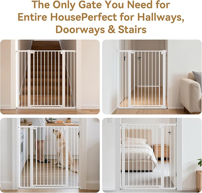 43 inch Tall Safety Dog Gate Adjustable 29.7-45.2 inch Extra-Wide Metal Pet Gate Drill-Free Pressure-Mount Installation kit Self-Closing Cat Gate for Stairwells、Doorways（White）