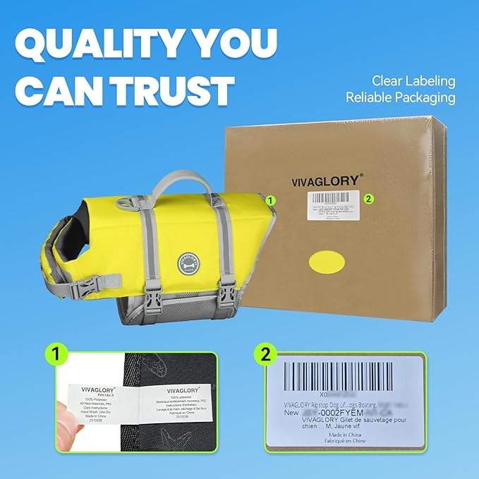 VIVAGLORY Rip Stop Dog Life Vest, Swimming Vest with Handle, Buoyancy for Doggy Puppy, Dog Life Jacket for Swimming & Boating, L, Yellow Grey