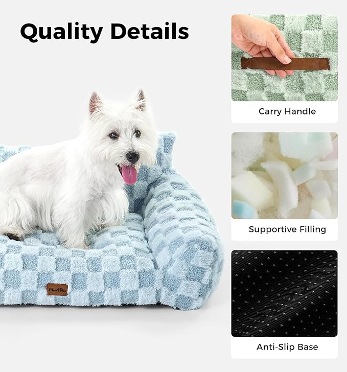 Made4Pets Dog Couch Bed, Soft Faux Fur Checkered Indoor Pet Sofa, Comfortable Fluffy Dog Sofa with Supportive Foam, Removable Washable Cover with Non-Slip Base, Sky Blue, Large