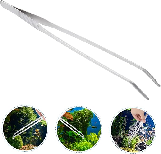 Angoily 27cm Curved Tip Stainless Steel Tweezers for Aquarium Plant Tweezers Fine Tip for Fishtank Cleaning Tools