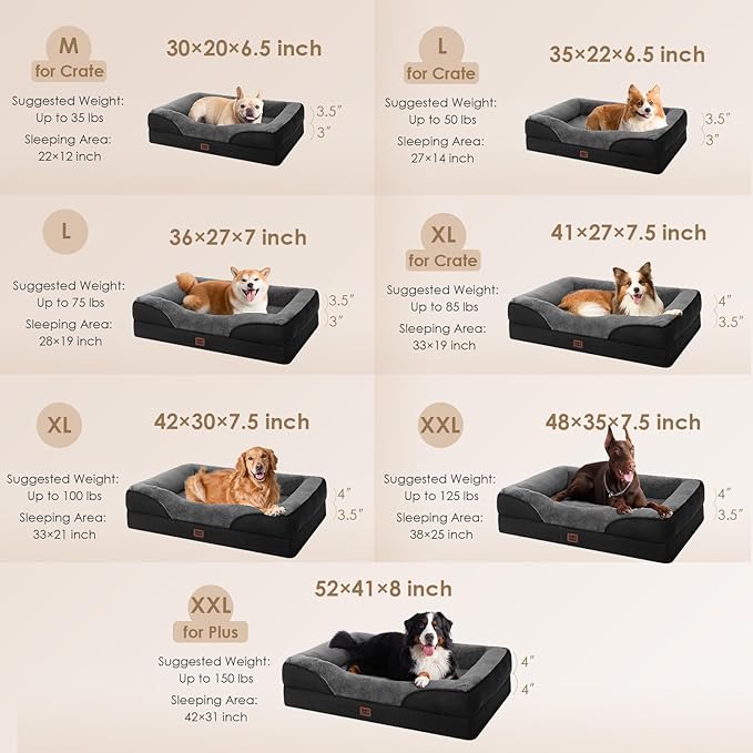 EHEYCIGA Orthopedic XL Dog Bed for Large Sized Dog, 42x30x7.5 Inch Extra Large Memory Foam Dog Couch Bed with Sides, Waterproof Liner & Washable Removable Cover, Bolster Pet Sofa, Grey/Black