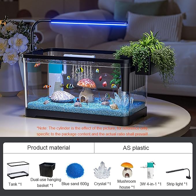 Fish Tank Aquarium Kit,Turtle Tank Kit with 3-in-1 Silent Water Pump Filter System, Self Cleaning Aquarium Starter Kit with LED Light Suitable for Small Fish Or Shrimp,Bottom Drainage(Large)