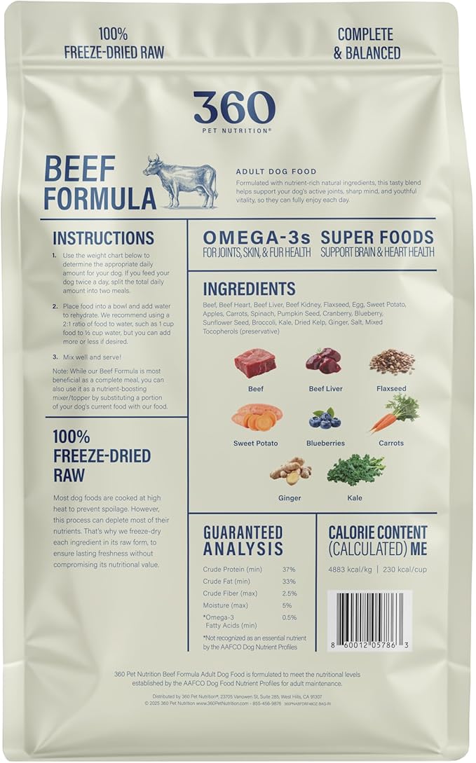 360 Pet Nutrition Freeze-Dried Raw Dog Food – Beef Recipe with Liver & Organs, High Protein with Omega-3s, Fruits, Veggies & Superfoods, Grain-Free, No Filler 2 x 48 oz – Made in USA