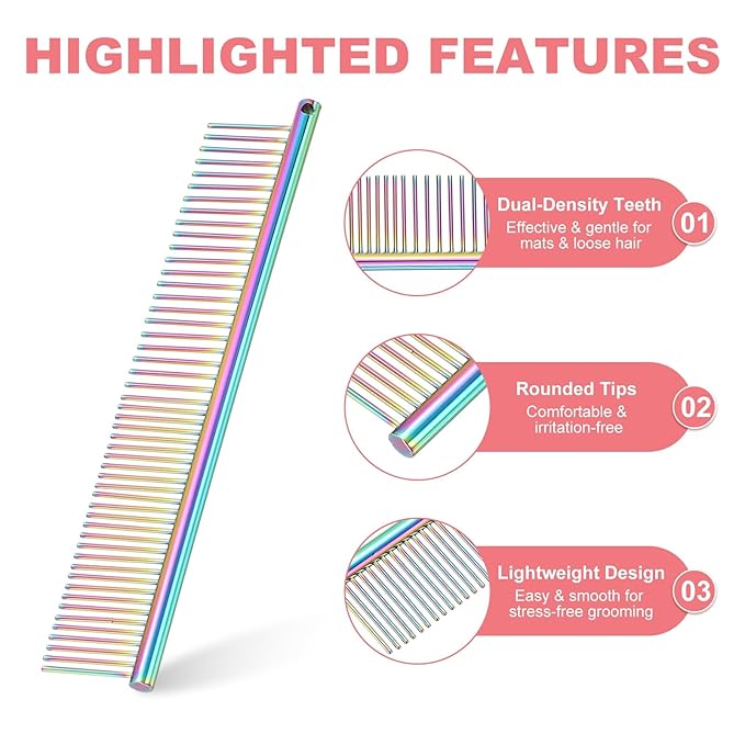 Dog Cat Comb, Pet Combs Stainless Steel Teeth with Rounded Ends for Knots Mats Loose Hair Removal, 6.5IN (Colorful Plated, 3 Pack), Grooming Tool Intended for Long Curly Hair Pet