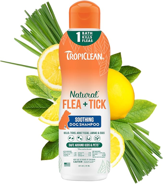 TropiClean Soothing Flea and Tick Shampoo for Dogs, Powerful & Natural Defense, for Large & Small Dogs, Made in USA, 20oz